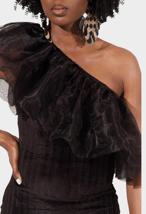 Black Camilla Organza Ruffle Velvet Asymmetrical Shoulder Mini Dress | Summer Spring 22' | DeCarmenAfrik