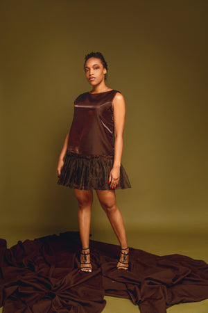 DeCarmenAfrik Mocha Brown Satin mini ruffle dress